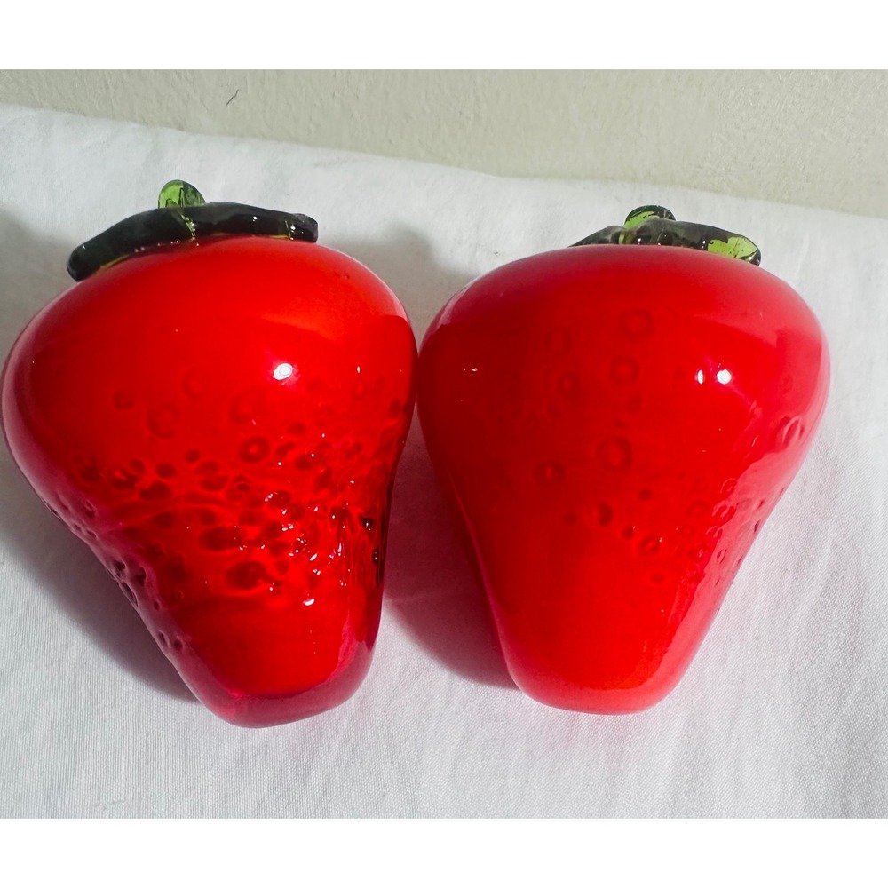 Vintage Art Glass Strawberry Paperweights Pair Red Green Hand Blown Fruit Decor